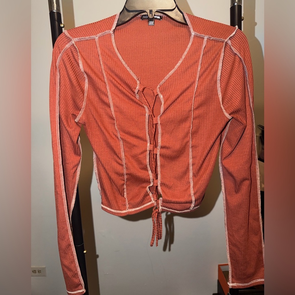 Fashion Nova Orange Ribbed Tie-Front Blouse